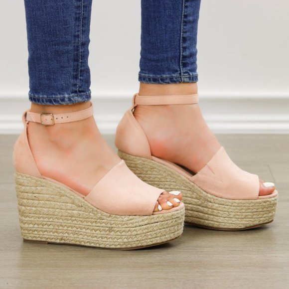 Blush Faux Suede Wedge Peep Toe Espadrille Sandal - Picture 2 of 8